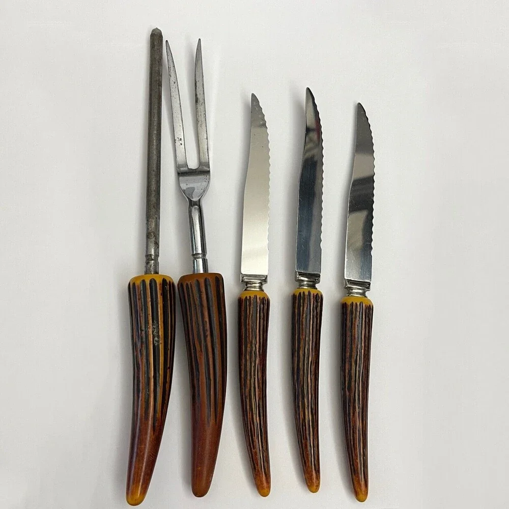 Vintage Regent Sheffield Steak Knives Fork‎ Carving Antler Handle Stainless Lot